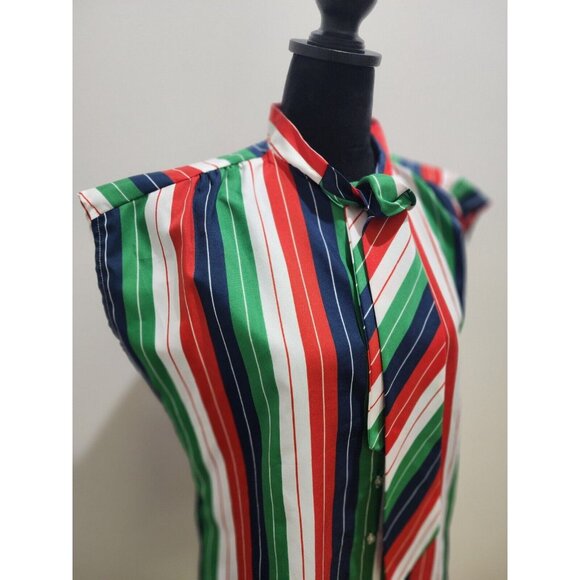 Vintage 1970s Red Green Blue White Sleeveless Bow Neck Blouse 70s Judy Bond CUTE - Picture 2 of 6